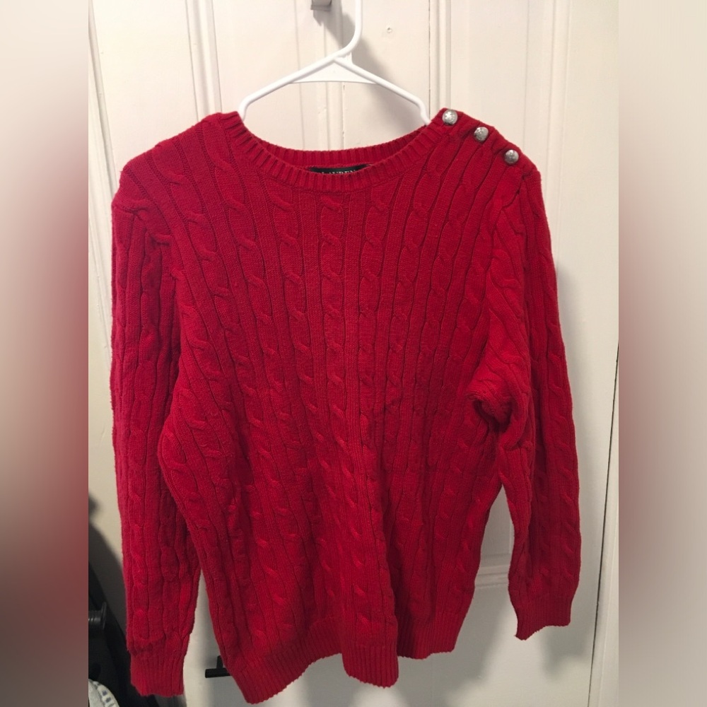 Ralph Lauren Red Cable Knit Sweater with Silver Buttons